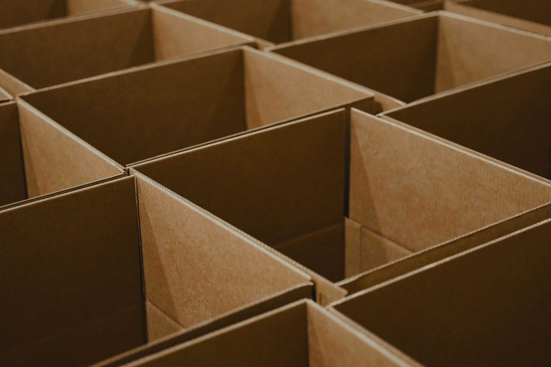 Rows of open brown cardboard boxes viewed from above