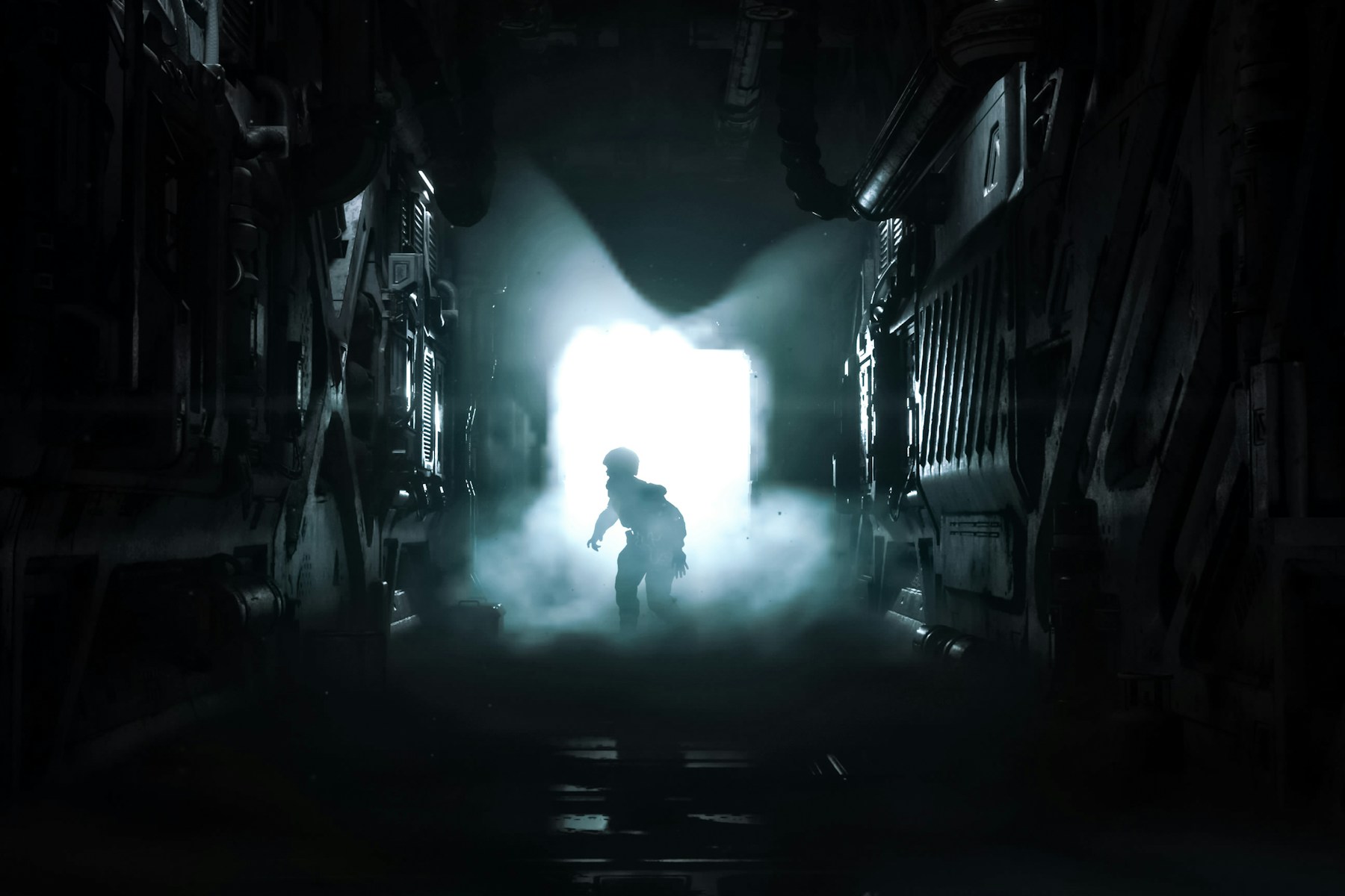 A silhouetted figure stands in a dark science-fiction corridor, backlit by a brilliant opening